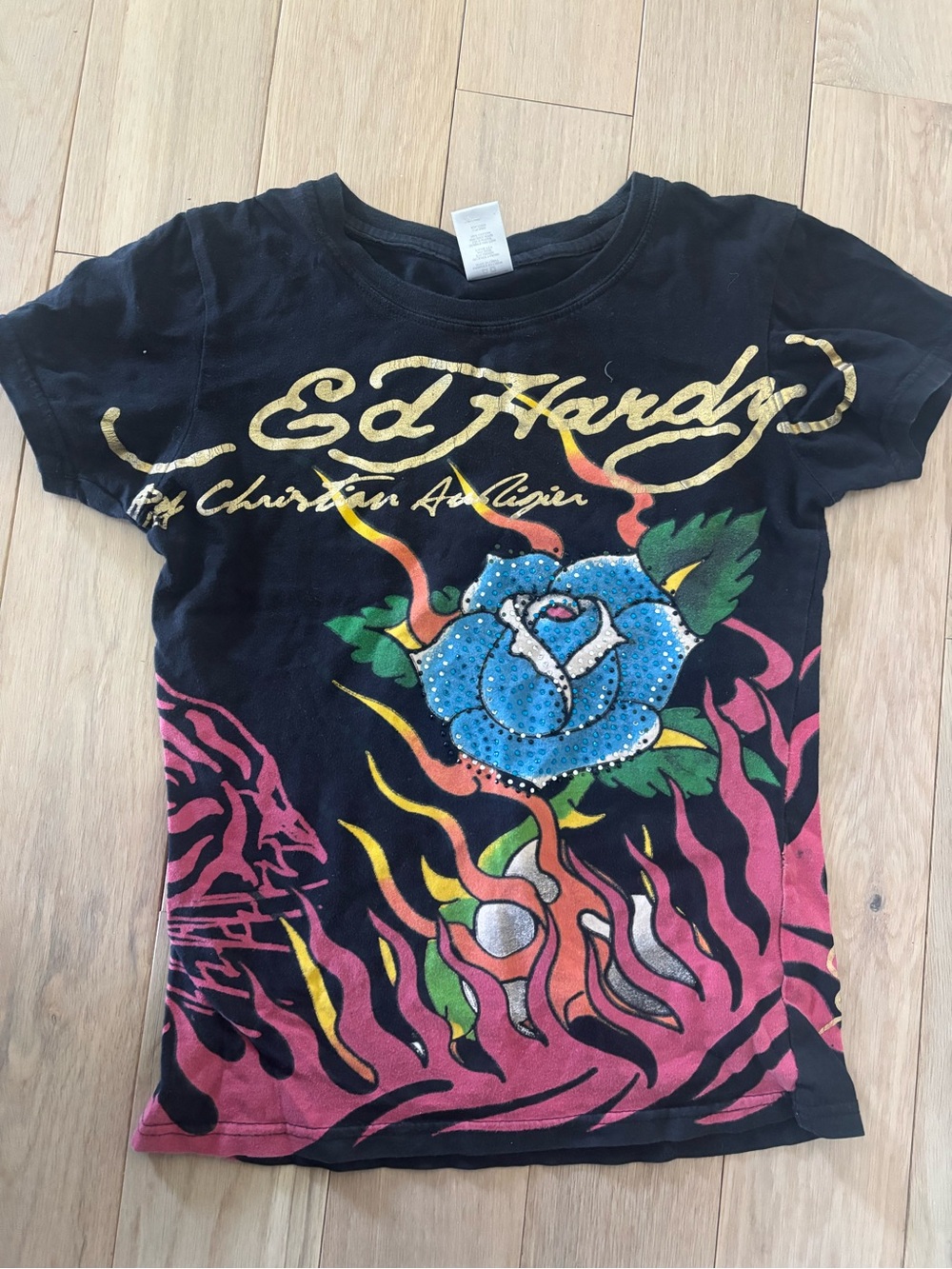 Ed Hardy Black Tee with Blue Rose and Pink Flames
